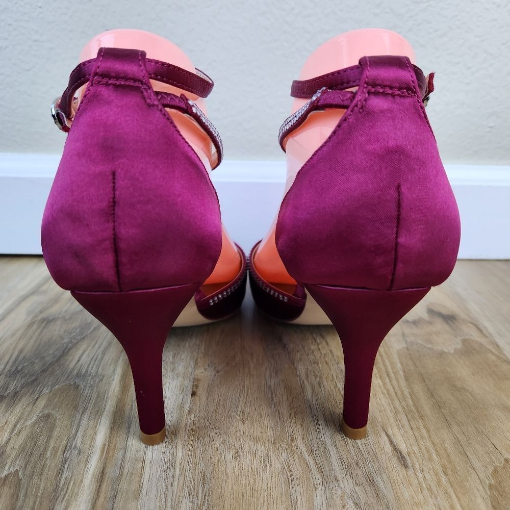 ☔️🩵Burgundy Satin & Rhinestone Buckled Ankle Strappy Heel Shoes Size 8 - Picture 11 of 15